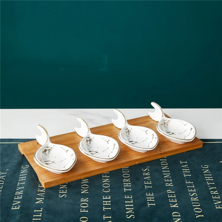 Unique design fish shaped gold rim marble small ceramic snack appetizer dishes with bamboo holder