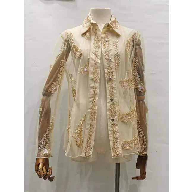 Fashion New Sexy Blouses Women Beaded See Through Mesh Tops Female Long-Sleeved Lapel Shirt Wholesale