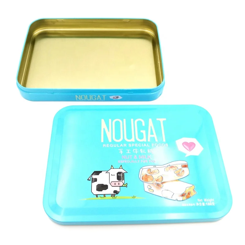 Recycled material rectangle custom printed nougat candy packaging metal box