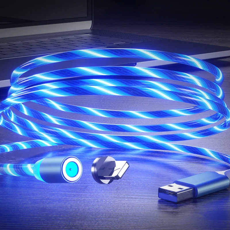 OEM Custom Logo 3 in 1 Led Light Flowing Luminous Charging Cable to Android USB Rotatable Metal Magnetic With Quick Charger Cabl