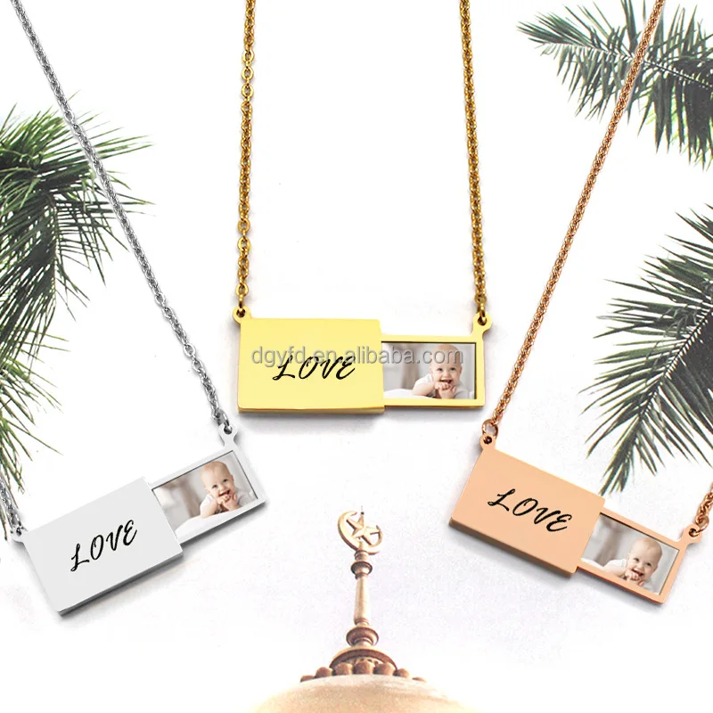Custom Laser Engraved Memorial Photo Envelope Necklace Mother Women Stainless Steel Rectangle Envelope Slider Pendant Necklace