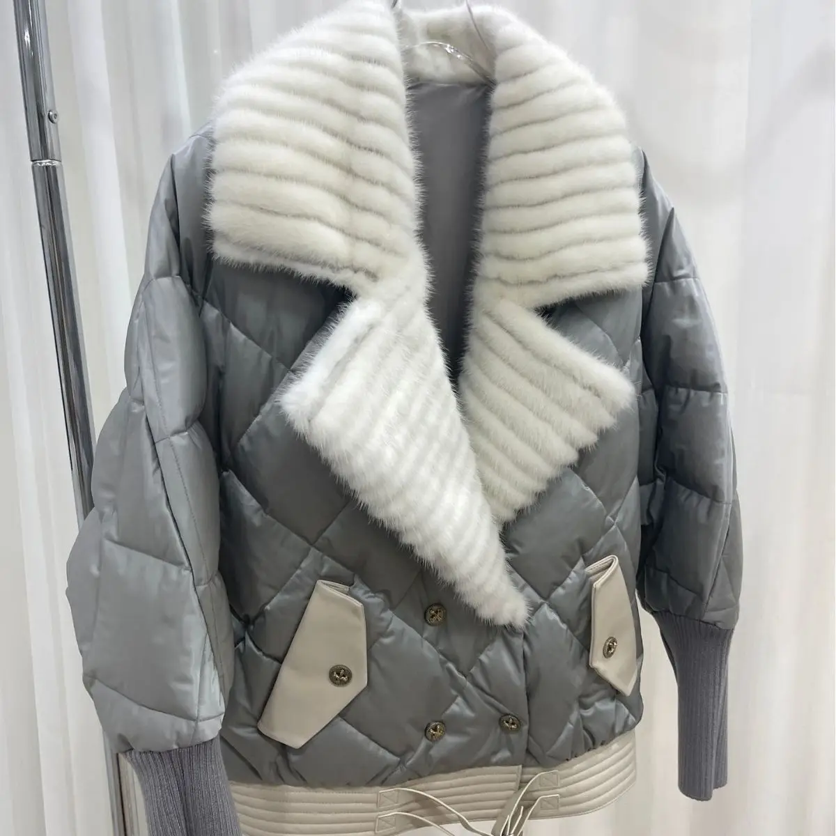 2023 new autumn winter women jacket loose bat knitted sleeve down jacket for women suit  collar short warm lightweight down coat