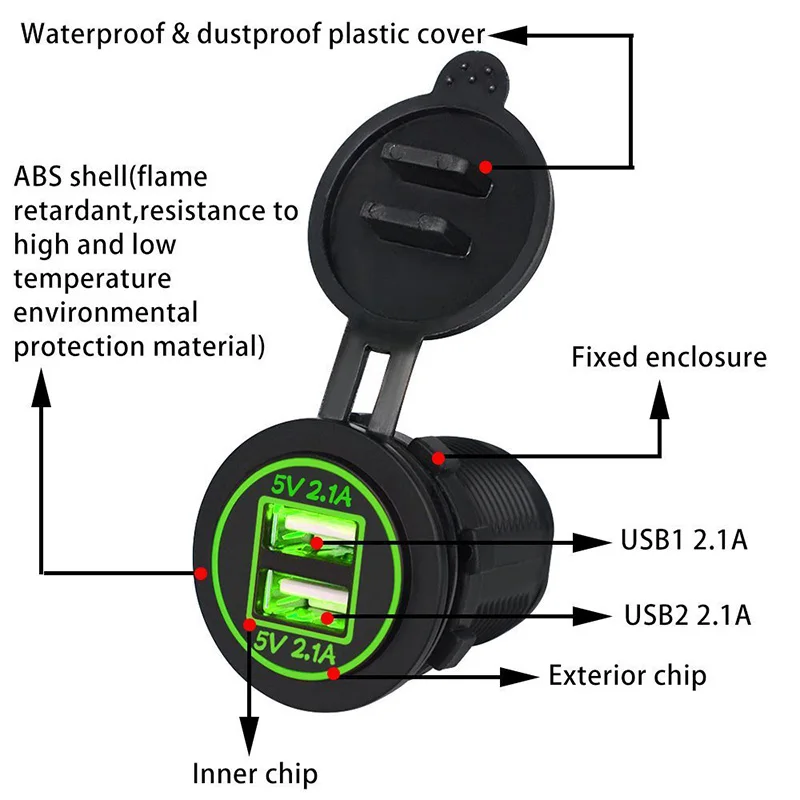 12V-24V Dual USB Port Car Charger Motorcycle 5V 4.2A Charger Socket Waterproof Fast Quick Charge Adapter for Vehicle Boat Truck