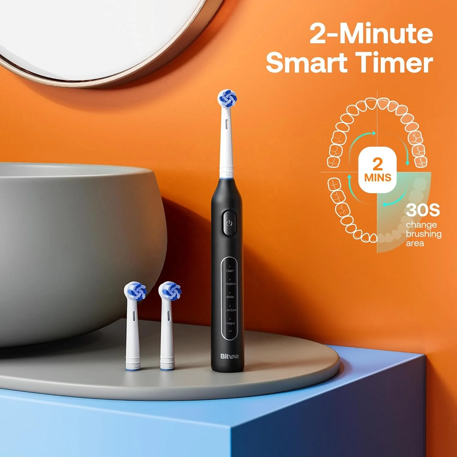 Bitvae BV R1 IPX7 Waterproof 2-Minute Smart Timer Rotating Electric Toothbrush with 8 Brush Heads