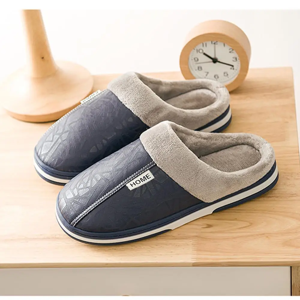 Unisex Leather Fabric Waterproof Indoor Outdoor Pu Plush House Cotton warm Women Winter Slipper