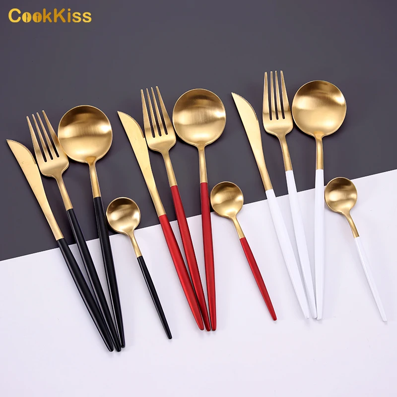 Набор столовых приборов для домашнего ужина 5 штук столовые приборы из матового красного золота с вилкой цветные свадебные металлические