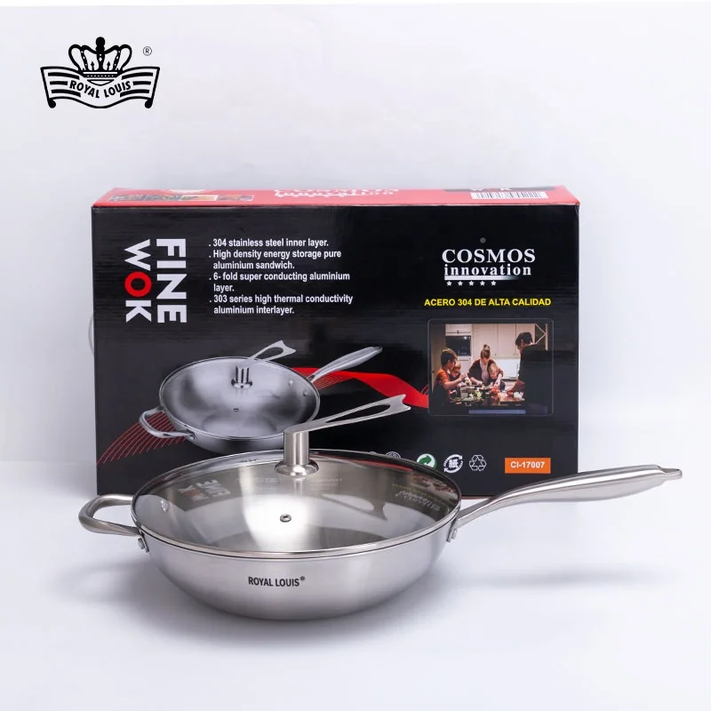 Royal Louis 30/32cm Large food grade stainless steel wok pan with lid cooking tool deep frying pan sale levelling pan cookware