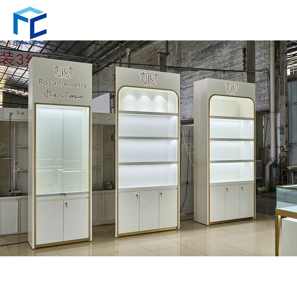 Led Lighting White Gold Jewelry Shop Display Cabinet Modern Mdf Jewelry Showcase Display Cabinet For Shopping Mall