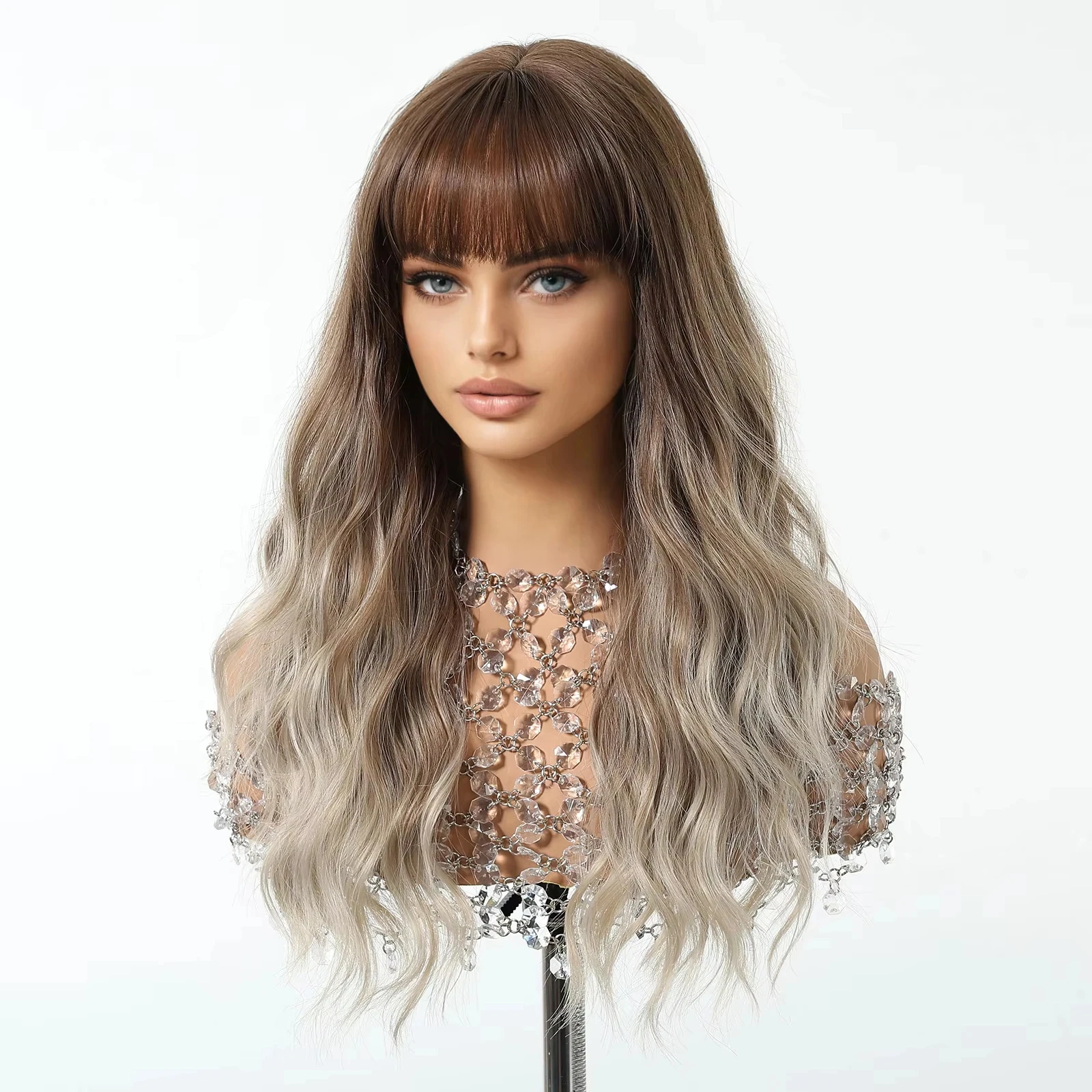 Ash Brown Synthetic Wigs Long Water Wavy Wig Soft Ombre Hair for Daily Party Heat Resistant Wig for Women Cosplay Use