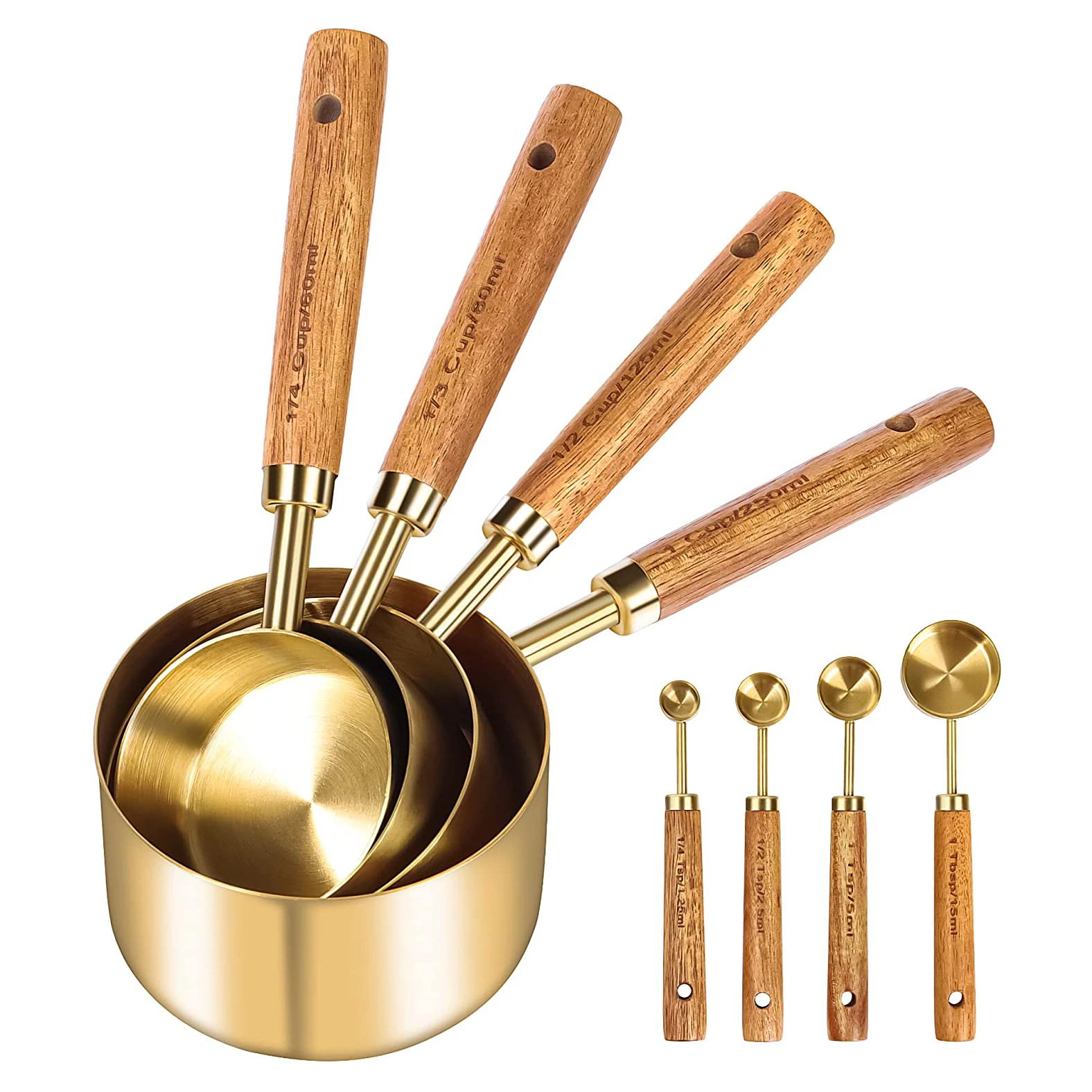 Gold color 8 piece wooden handle stainless steel digital kitchen food scale measuring cup set measuring cups and spoons