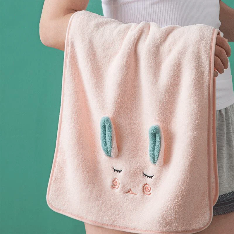 Wholesale Cartoon 3d Cute Rabbit Ears Dry Hair Towel Thickened Coral Fleece Towel Embroidery Adult Daily Wash Towel