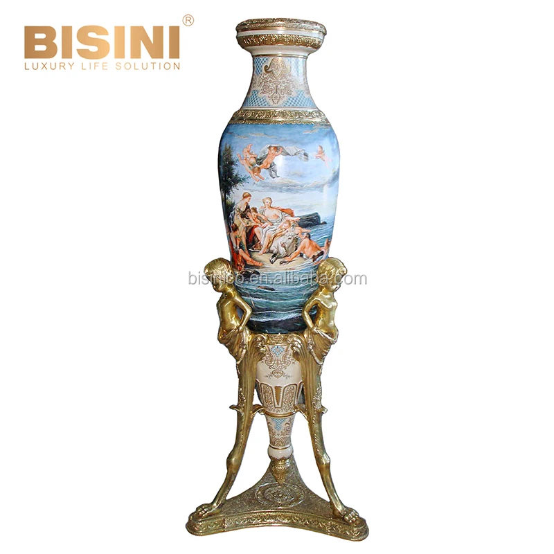 68 Inches High Classic Vintage Gilt Brass Three Cherub Mounted Rococo Painted Ornated Porcelain Vase