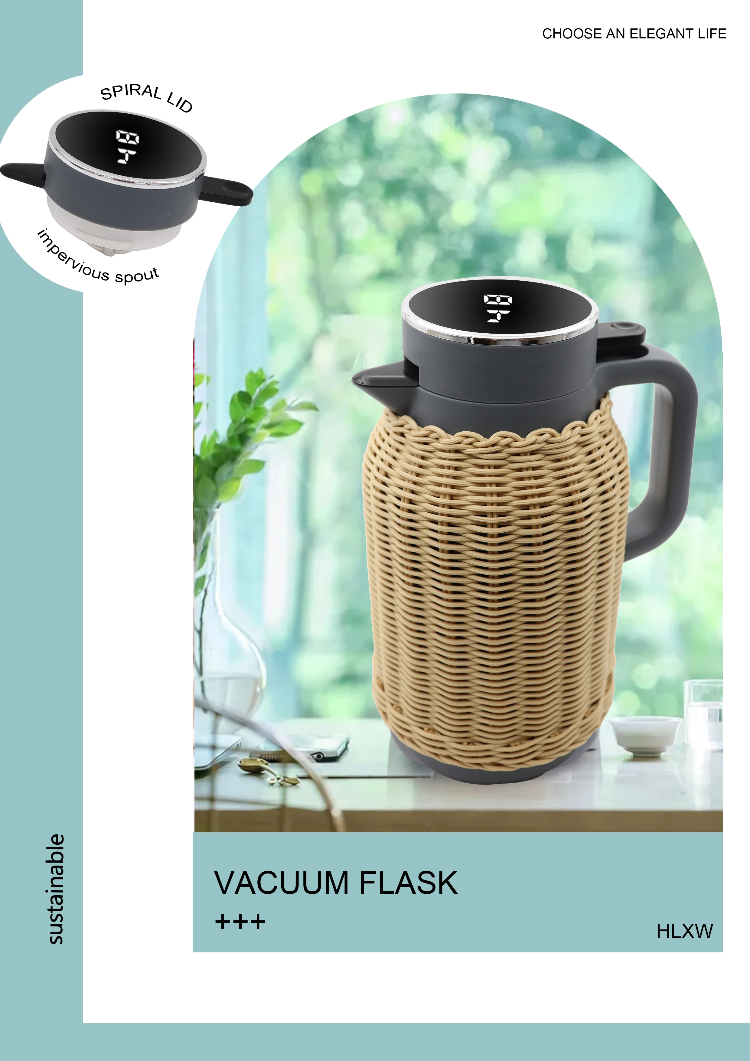 LED Temperature Digital Display 1000ML Glass Refill Insulated Vacuum Flask Vacuum Jug Pot Coffee Pot with Material Pattern