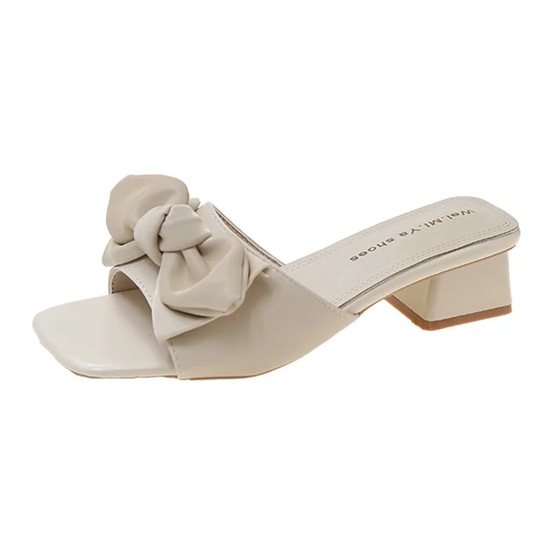 Summer New Fluffy Open Toe Indoor Slippers High-Heeled Sandals Wholesale Women Bow Slider Slippers