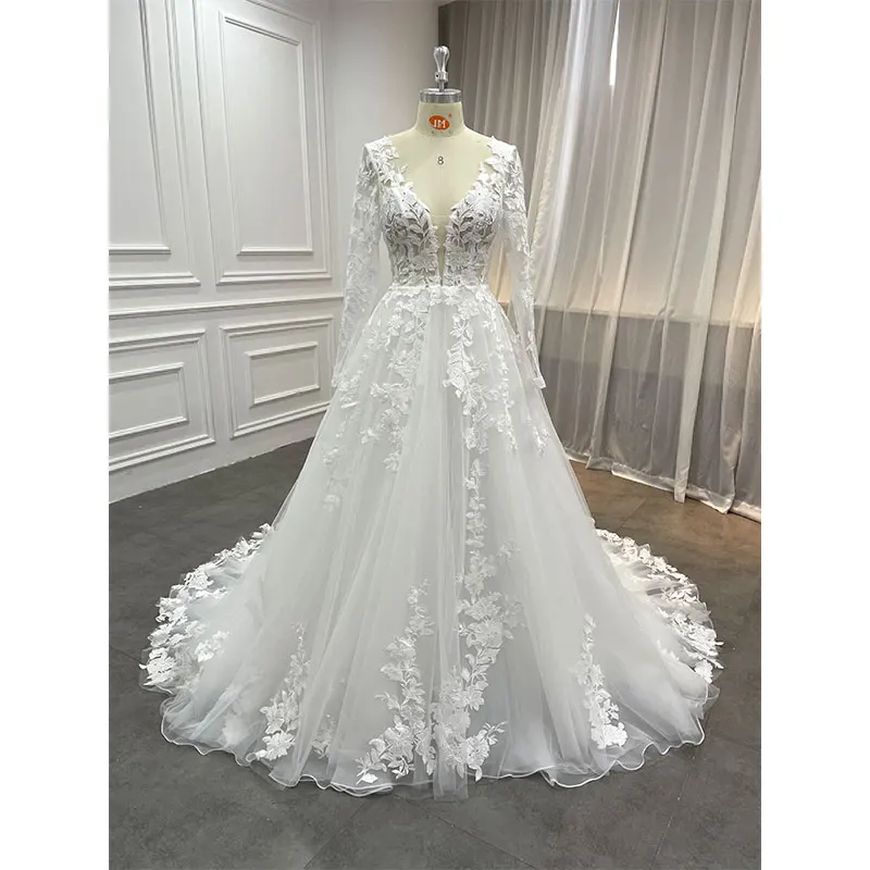 High Quality Deep V Neck Backless Wedding Dress Luxury Long Sleeve A-line Wedding Dress Bridal Gown