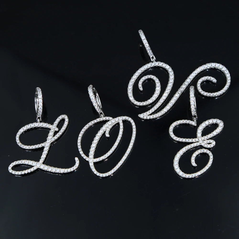 customize name micro pave cz ice out bling women 26 initial Alphabet cursive script letter necklace