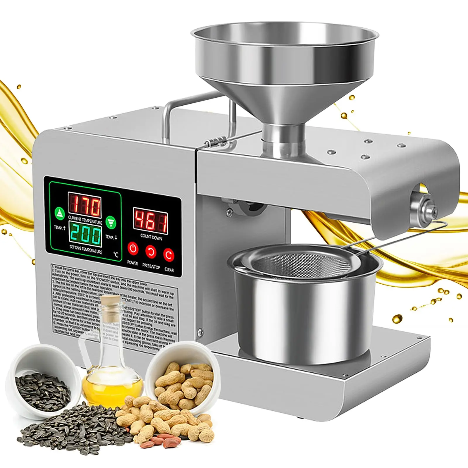 Electric Oil Press Machine 820W Automatic Oil Press Household Commercial Grade Stainless Steel Oil Press Machine