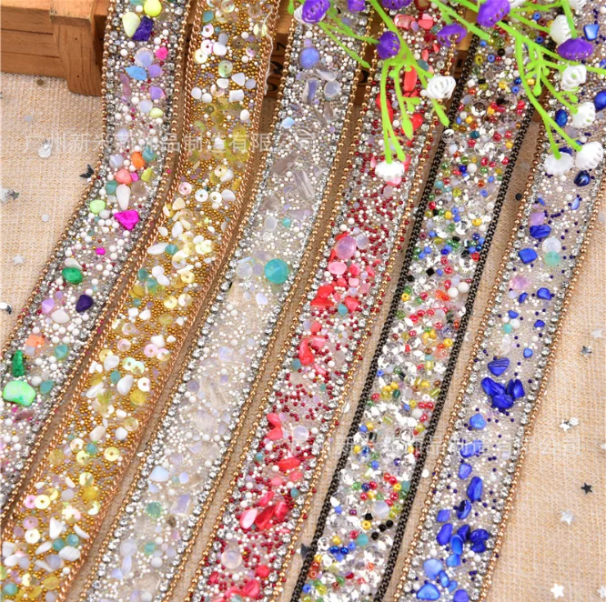 hot sale 2.5cm wide crushed stone rhinestone tape clothing shoe DIY decor colored gravel diamond belt hot melt adhesive strip