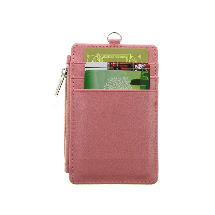 Wholesale OEM Fashion Faux Leather Lanyard ID Card Badge Holder PU Card Holder With Zipped Pocket