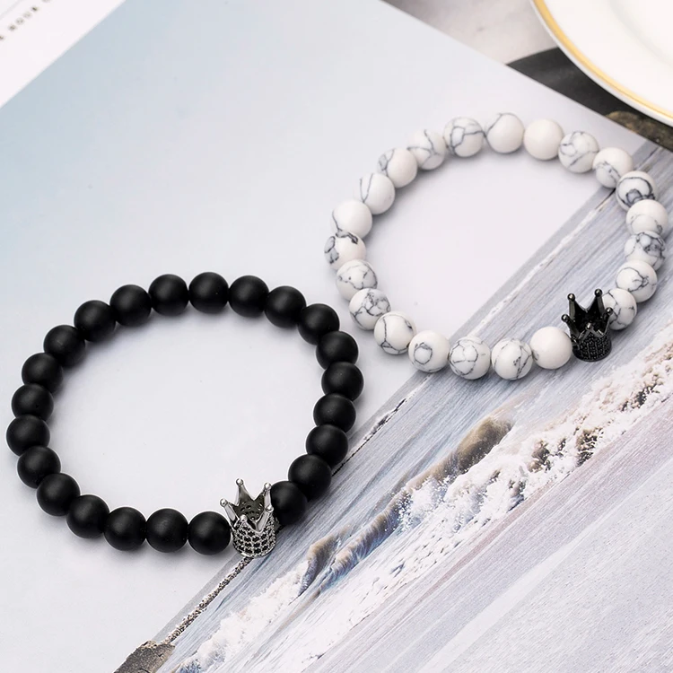 
Hot Sell Crown Natural Stone Couple Bracelet Men Women White Turquoise Black Onyx Beaded Bracelets 