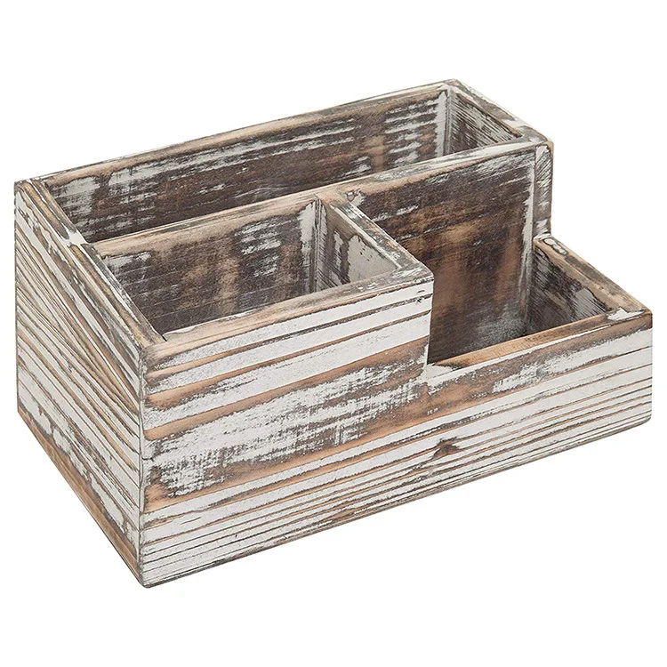 
Rustic Torched Wood Desktop Office Supplies Caddy & 3 Slot Letter Mail Sorter Organizer 