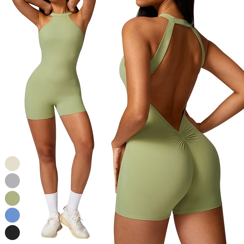 Hollow Out Scrunch Butt Jumpsuit Quick Dry Removable Pad Sports Bodysuit One Piece Gym Fitness Jumpsuits Yoga Jumpsuit For Women