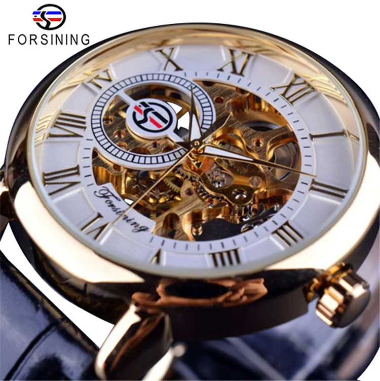 Forsining GMT838 3d Logo Design Hollow Engraving Gold Case Leather Skeleton Mechanical Watches Men Luxury Brand Heren Horloge