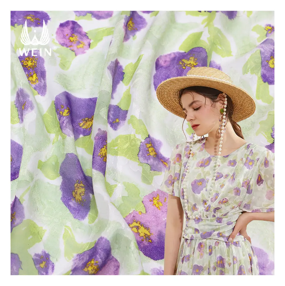 WI-J12 Ready to ship watercolor flower digital printing polyester cutting motif jacquard chiffon fabrics for maxi dress