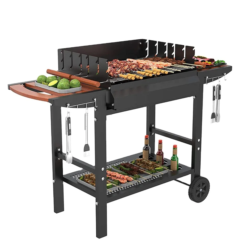 Outdoor Adjustment Height BBQ Grill With Side Shelf For Patio Backyard Picnic Camping Hiking Cooking