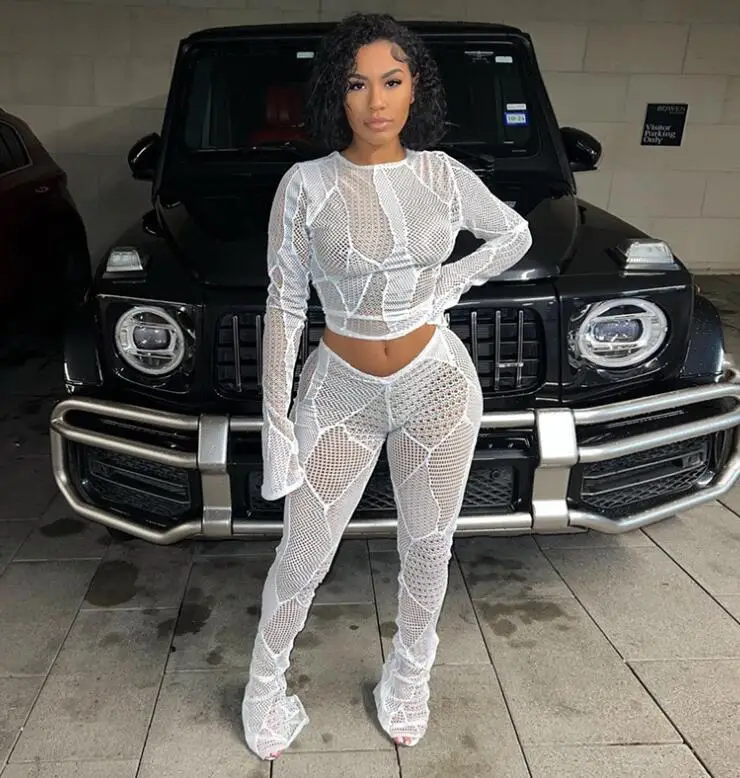 ZHEZHE HOT SALES STOCK 2Colors See Through Crochet Knitted Crop Top And Long Pants Two Pieces Set Women Clothes