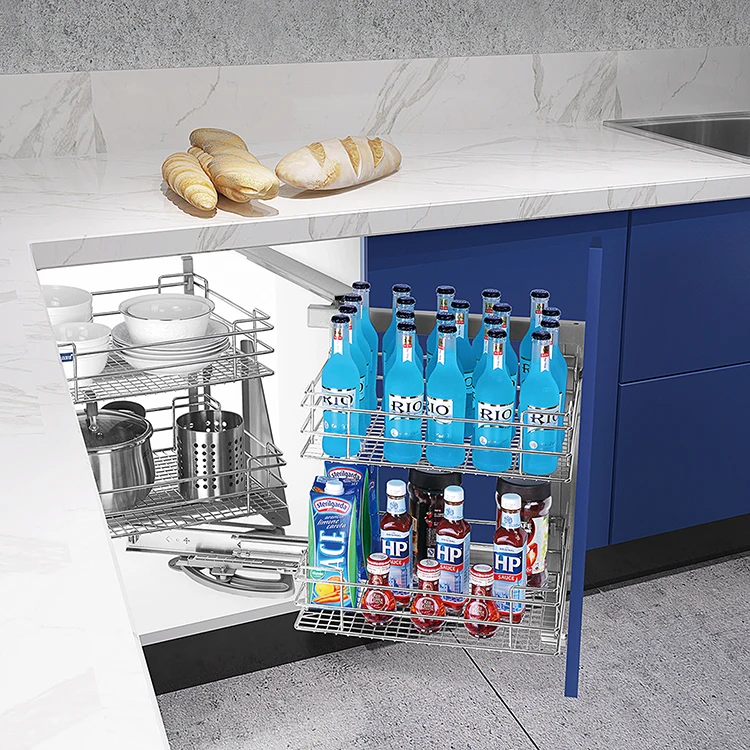 High Quality Wholesale Cheap Kitchen Cabinet Storage Wire Basket Magic Corner 2 Tier Pull Out Basket For Sale