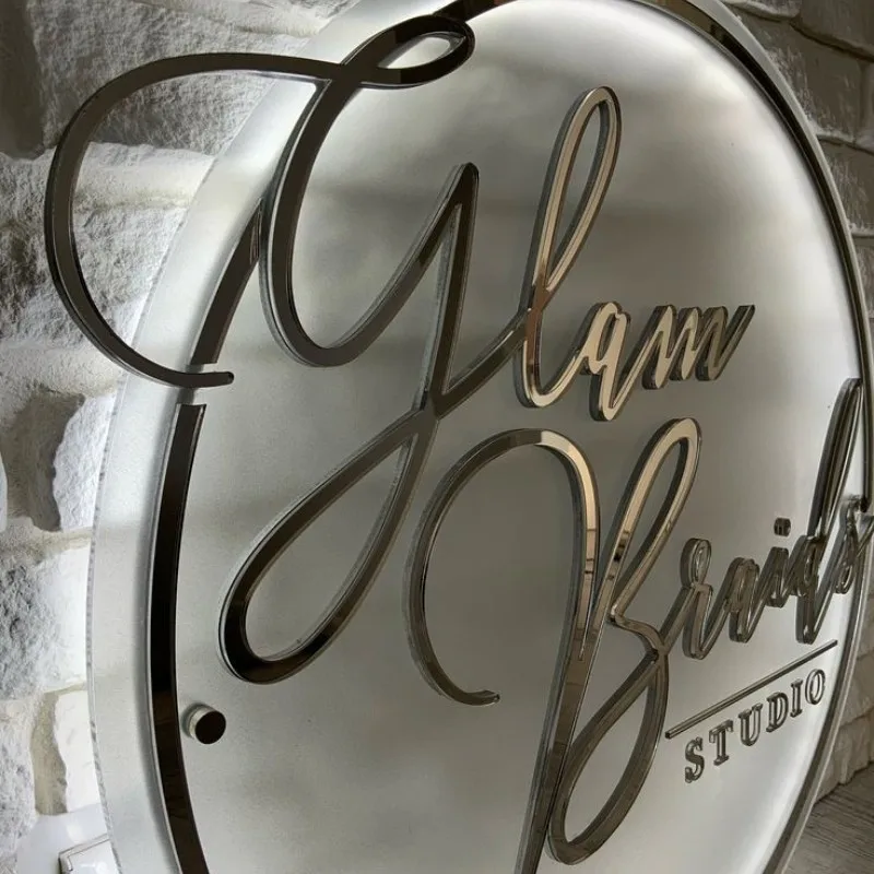 Acrylic Salon Sign Business Name Illuminated Sign Gold Mirror 3D Logo Type