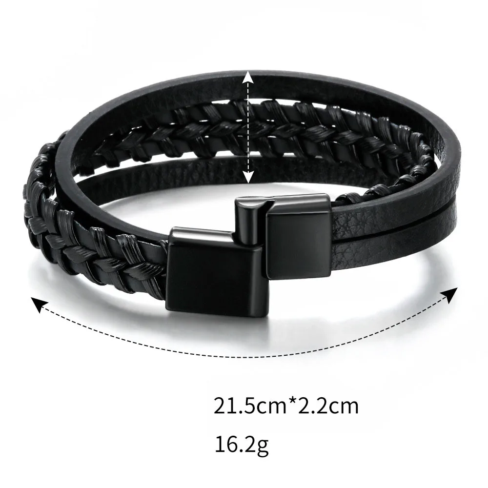 Simple Design Multilayer Braided Woven Wrist Cuff Mens Leather Bracelets with Magnetic Clasp