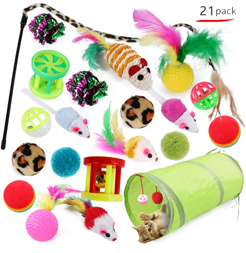 Manufacturer wholesale 21 packs tunnel mouse plush ball bell interactive cat toys set
