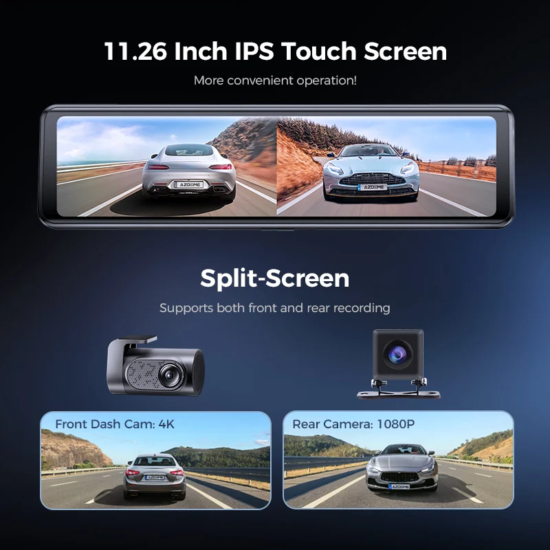 AZDOME PG18S 11.26' Touch Screen Sony Sensor 4K+FHD GPS Dash Cam 4K Auto Car Camera Mirror Dashboard Camera Universal