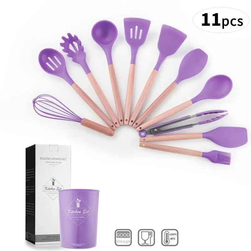 11 Pcs Silicone Cooking Utensils Kitchen Utensils Set Heat Resistant Wooden Handle Silicone Cooking Kitchen Utensils Set