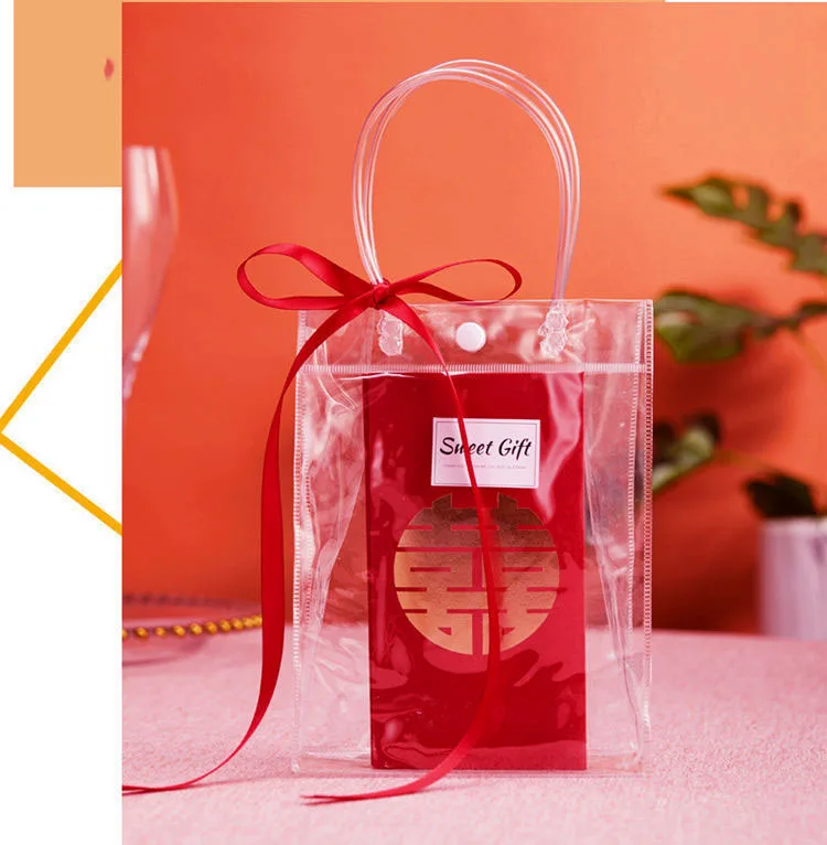 PVC Transparent Button Handbag Plastic Carry Bag Storage Gift Cloth Waterproof Shopping Bag