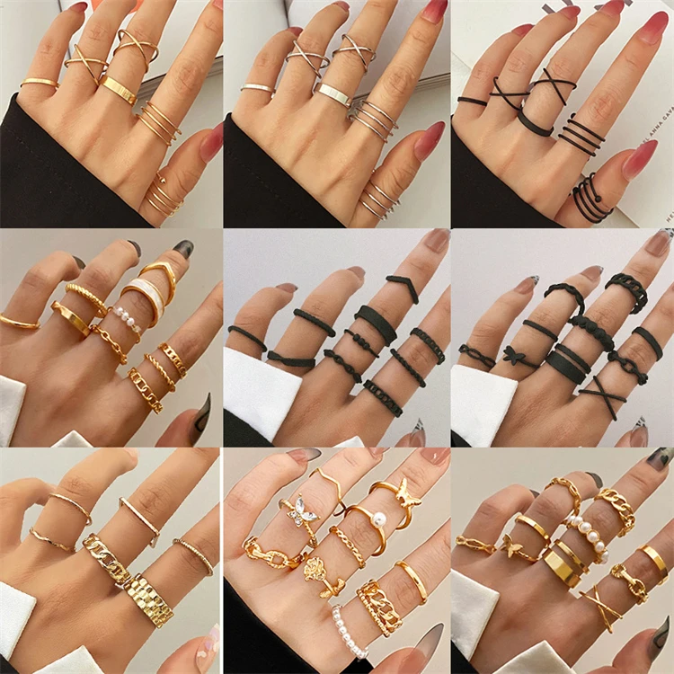 Fashion Jewelry 2023 Stacked Pearl Beaded Crystal Butterfly Rose Cuban Rings For Women