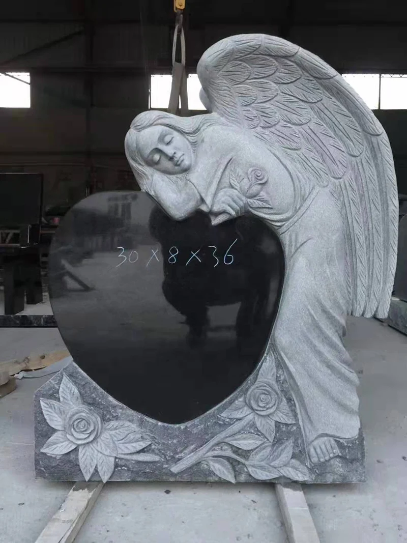 Hot sale Cemetery Black Granite Heart Shaped Headstones Gravestone Double Angel Wings Monuments Headstone For American
