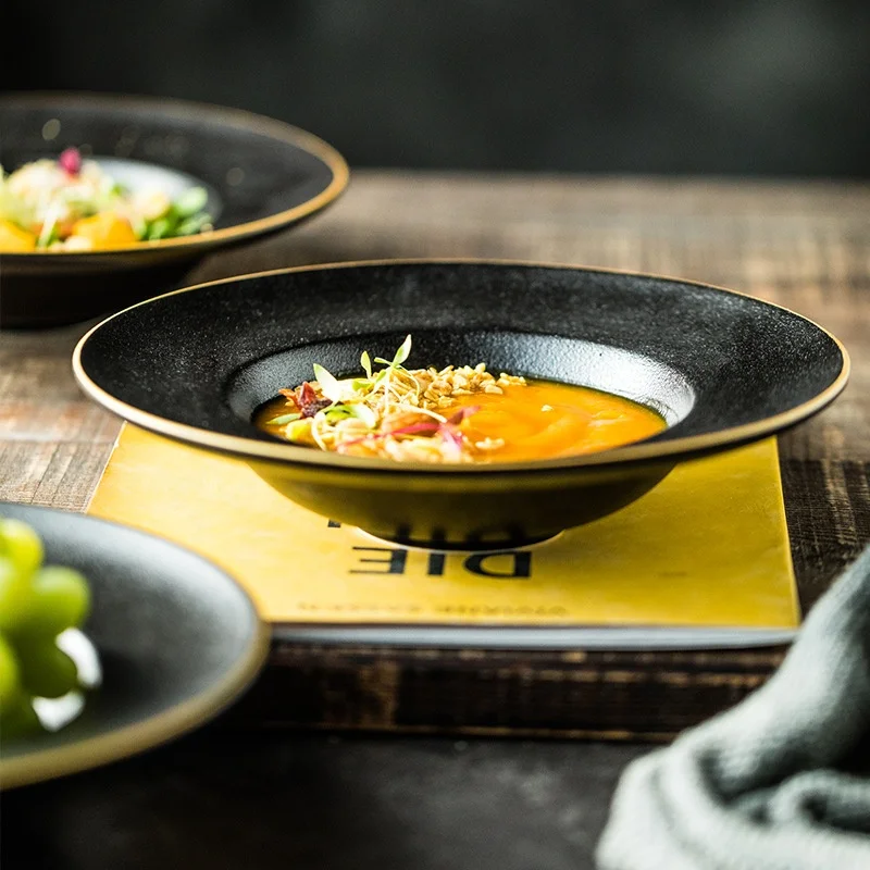 Frosted gold rimmed ceramic western food soup plate Home creative net red round straw hat plate