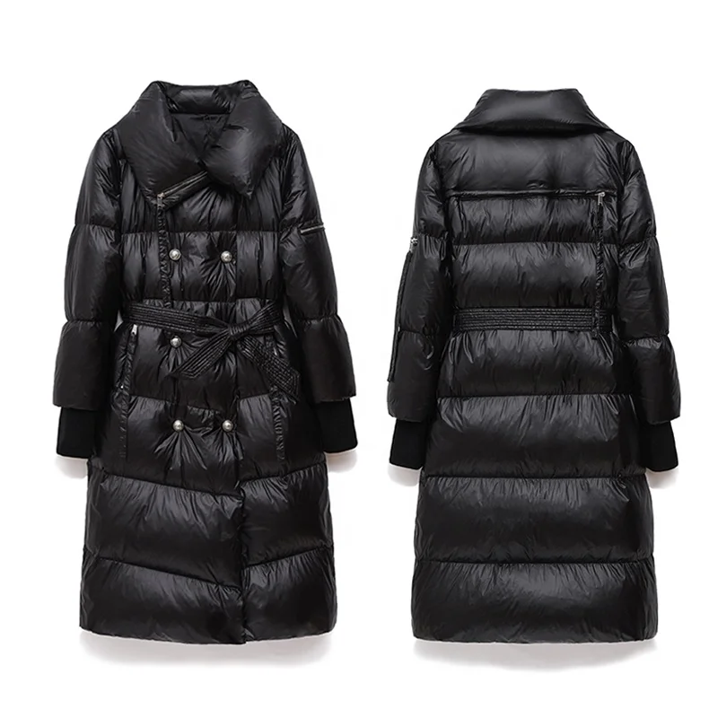 Женский Черный пуховик с перекрестным воротником и пряжкой