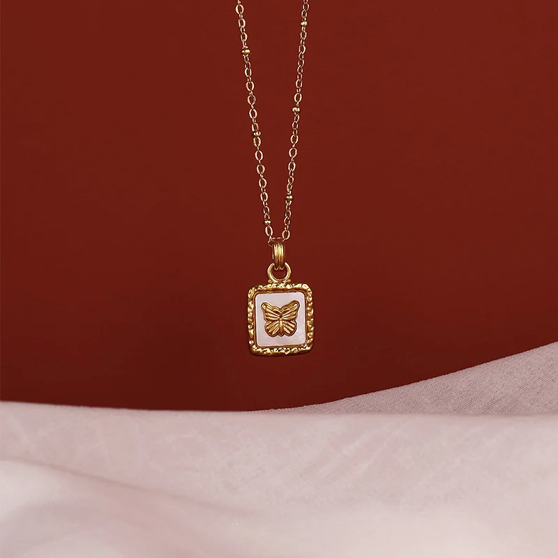 Butterfly Shell Pendant Collar Stainless Steel Golden Square Trendy Fashion Necklace for Women Stylish Jewelry Gift
