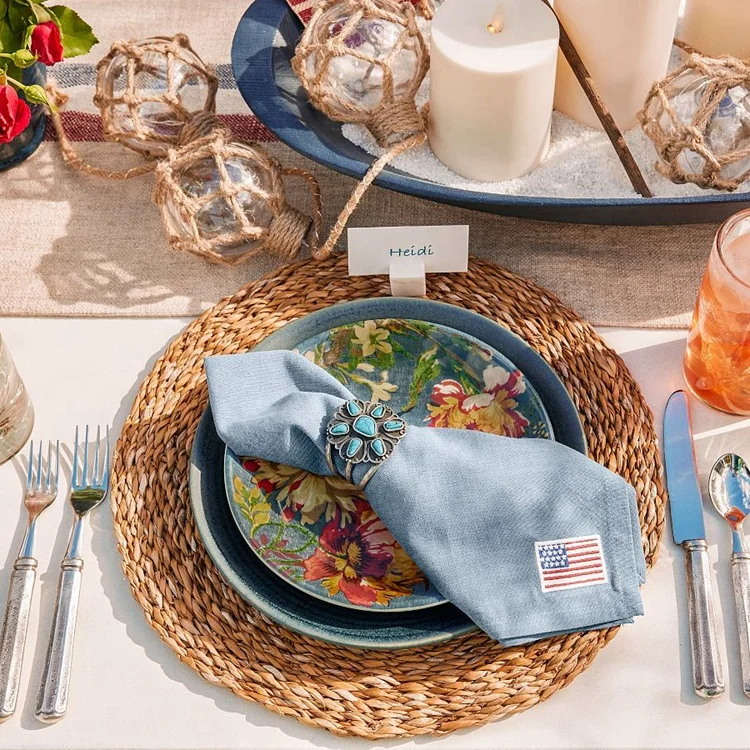High Quality Custom Cotton Linen American Flag Table Napkins Personalized Embroidered with Logo for Home Wedding Washed Feature