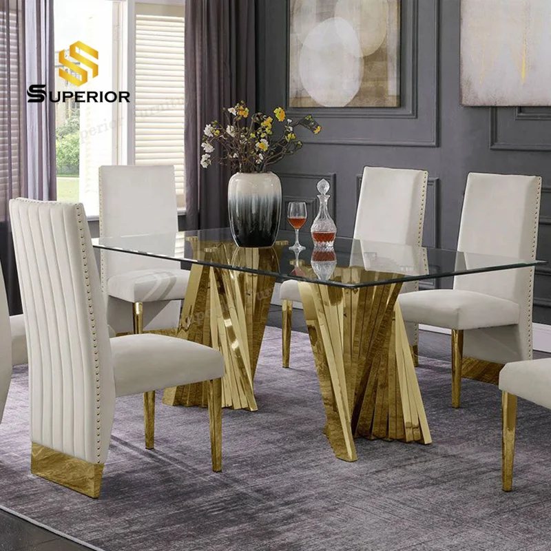 manufacturer  wholesale Interior dining table and chair set modern glass top gold dinning table