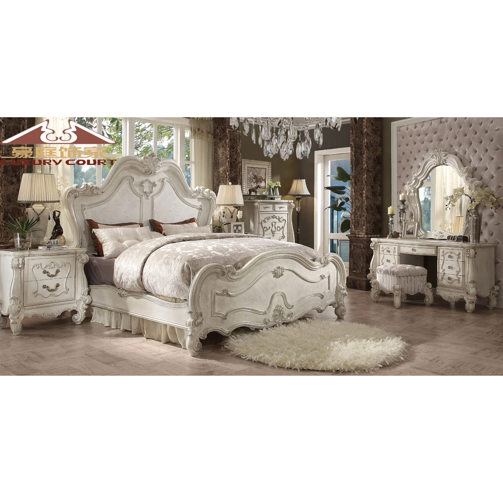 Longhao Furniture European Luxury Exclusive Design Carved Wood Dressing Table with Mirror Full Size Rice White Bedroom Sets