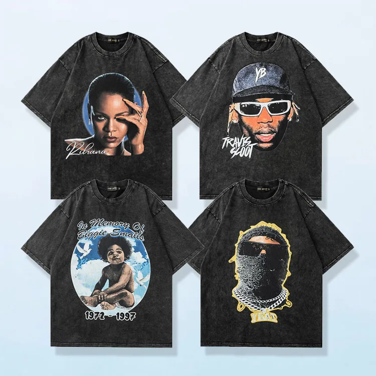 Manufacturer wholesale heavyweight streetwear t-shirt 100% cotton black tee custom character head printing acid wash t shirt