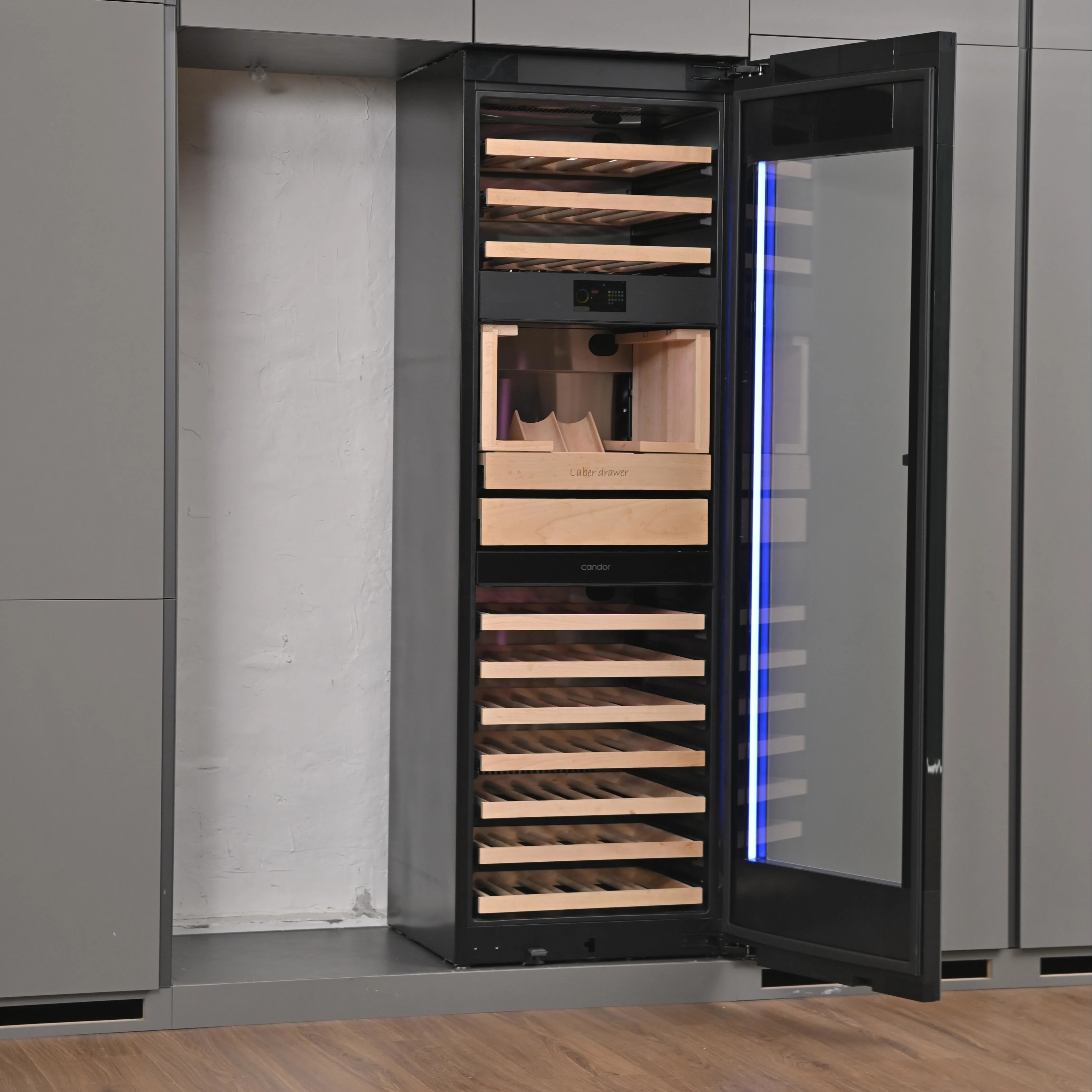 Discover the Future of Wine Storage: 305L Cabinet with Fingerprints, Logo Projection, TFT Screen, and RGB Lighting