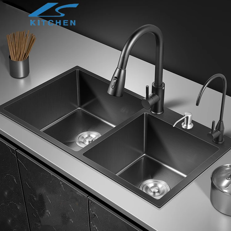 Kitchen Sink Factory Supplier Wholesale Double Bowl SUS304 Handmade Stainless Steel Modern Sink Bottom Black