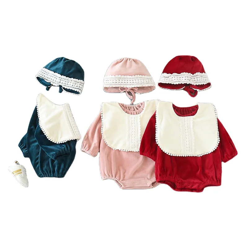 Toddler Infant Baby Girl Long Sleeve Velvet Romper with Bowknot Warm Outfit with Headband