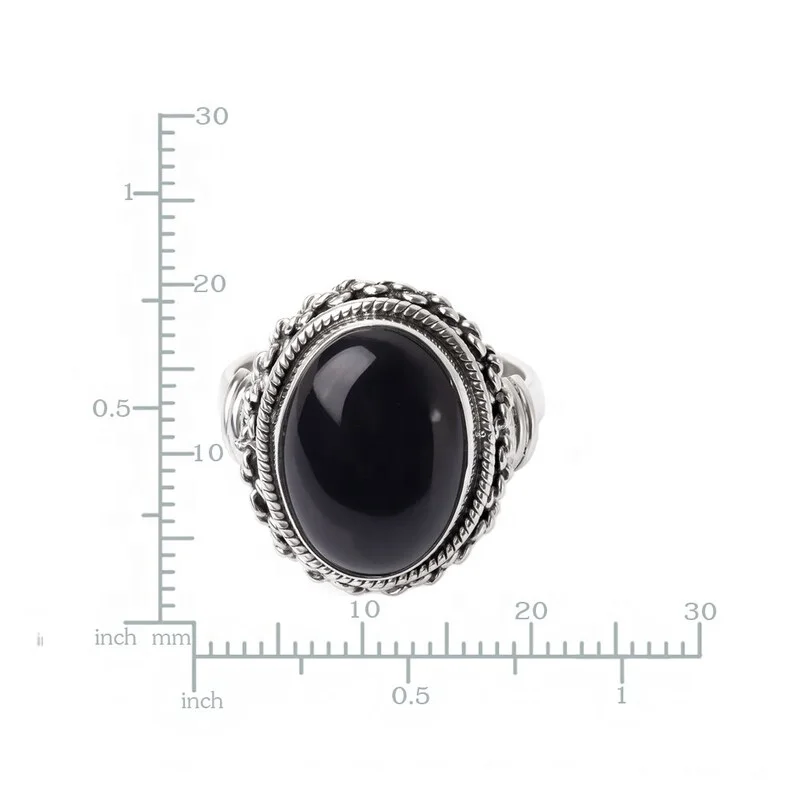 Classic Sterling 925 Silver Oval Black Onyx Aqeeq Rings For Men Double Rope Edge Chain Edge Band Ring
